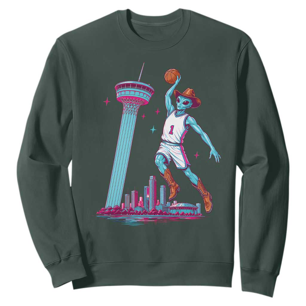 Funny Alien Cowboy Dunking Basketball Sweatshirt San Antonio Skyline