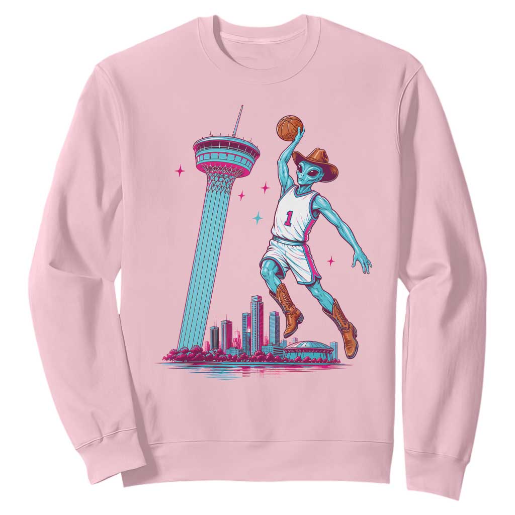Funny Alien Cowboy Dunking Basketball Sweatshirt San Antonio Skyline