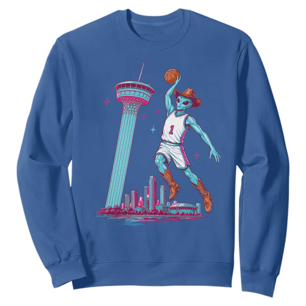 Funny Alien Cowboy Dunking Basketball Sweatshirt San Antonio Skyline