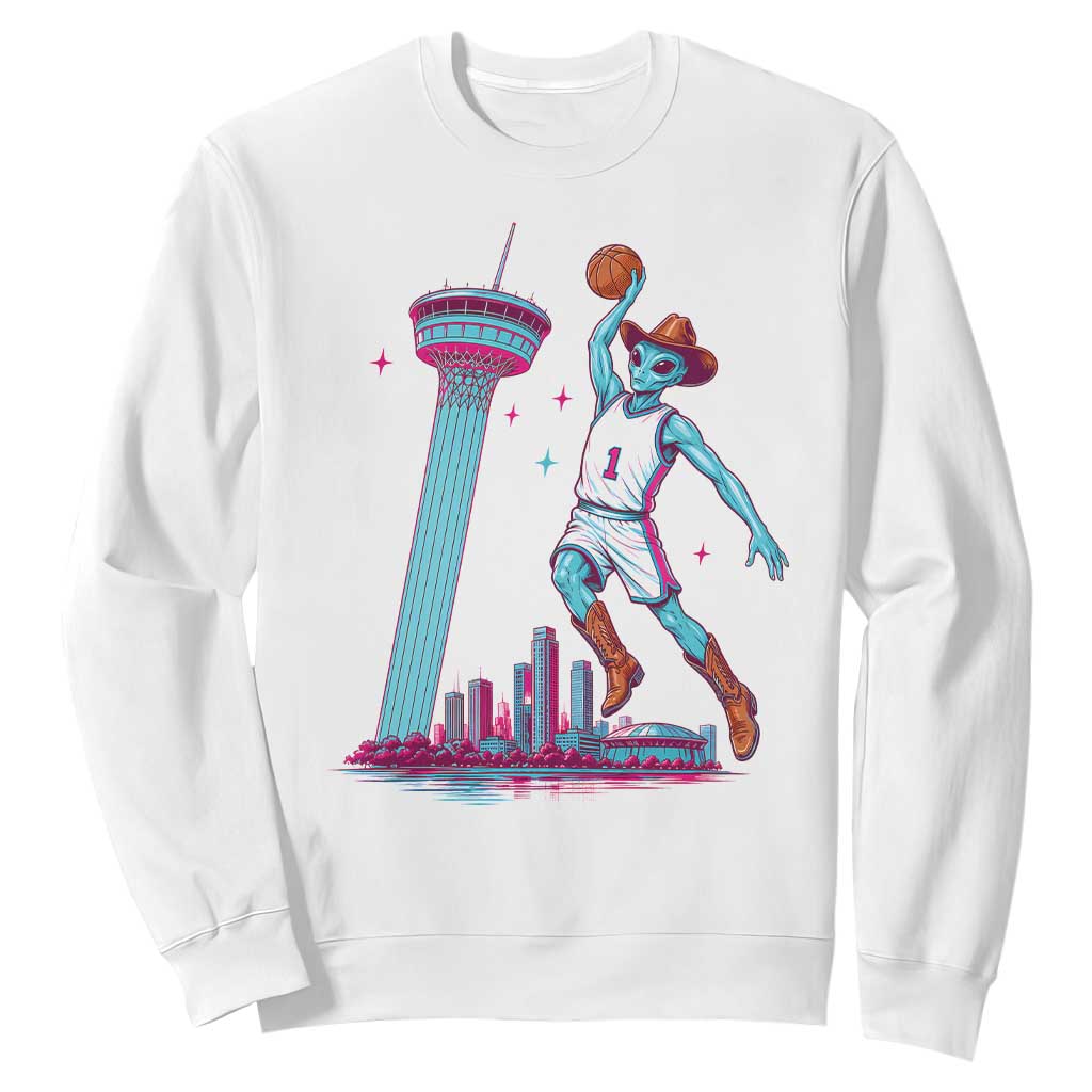 Funny Alien Cowboy Dunking Basketball Sweatshirt San Antonio Skyline