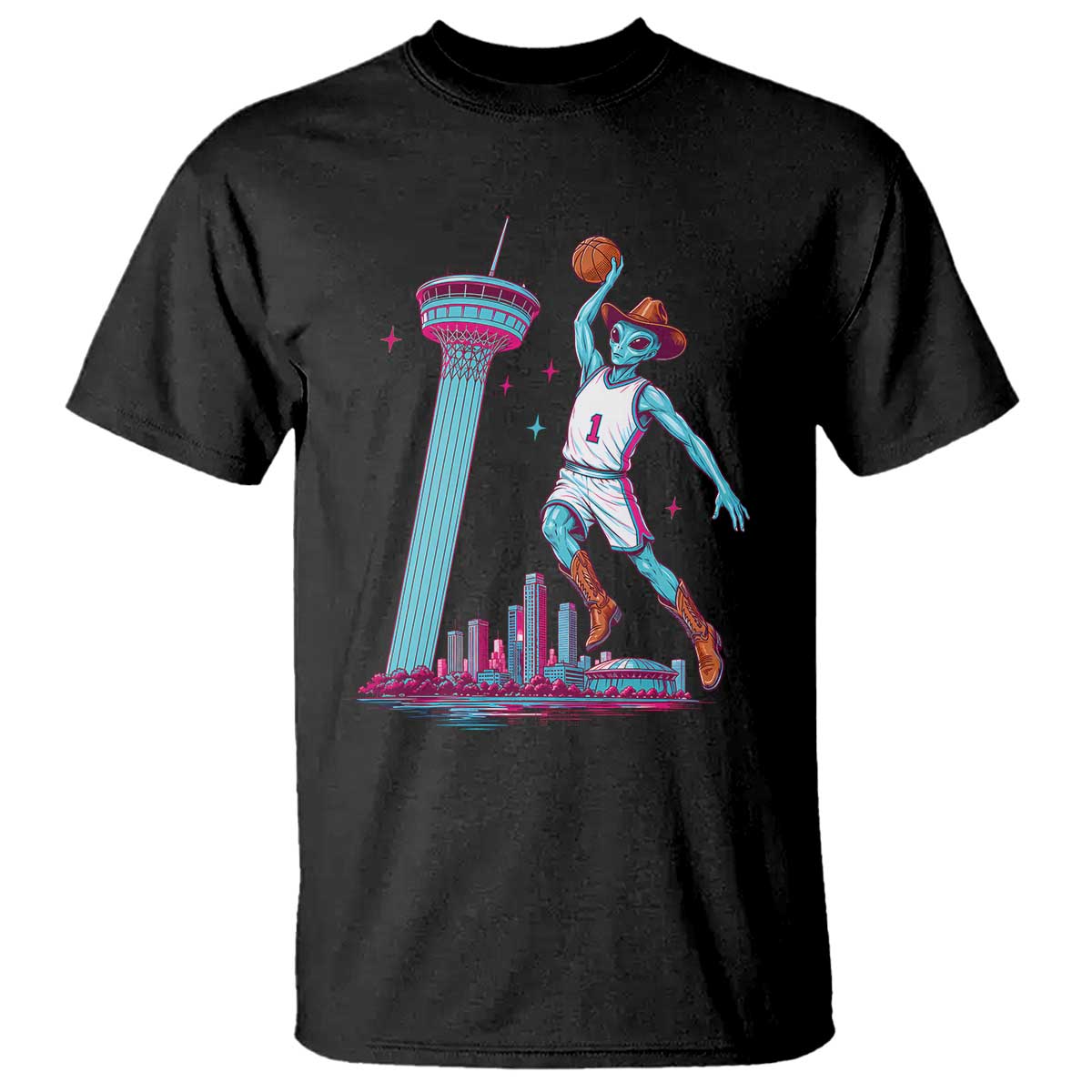 Funny Alien Cowboy Dunking Basketball T Shirt San Antonio Skyline