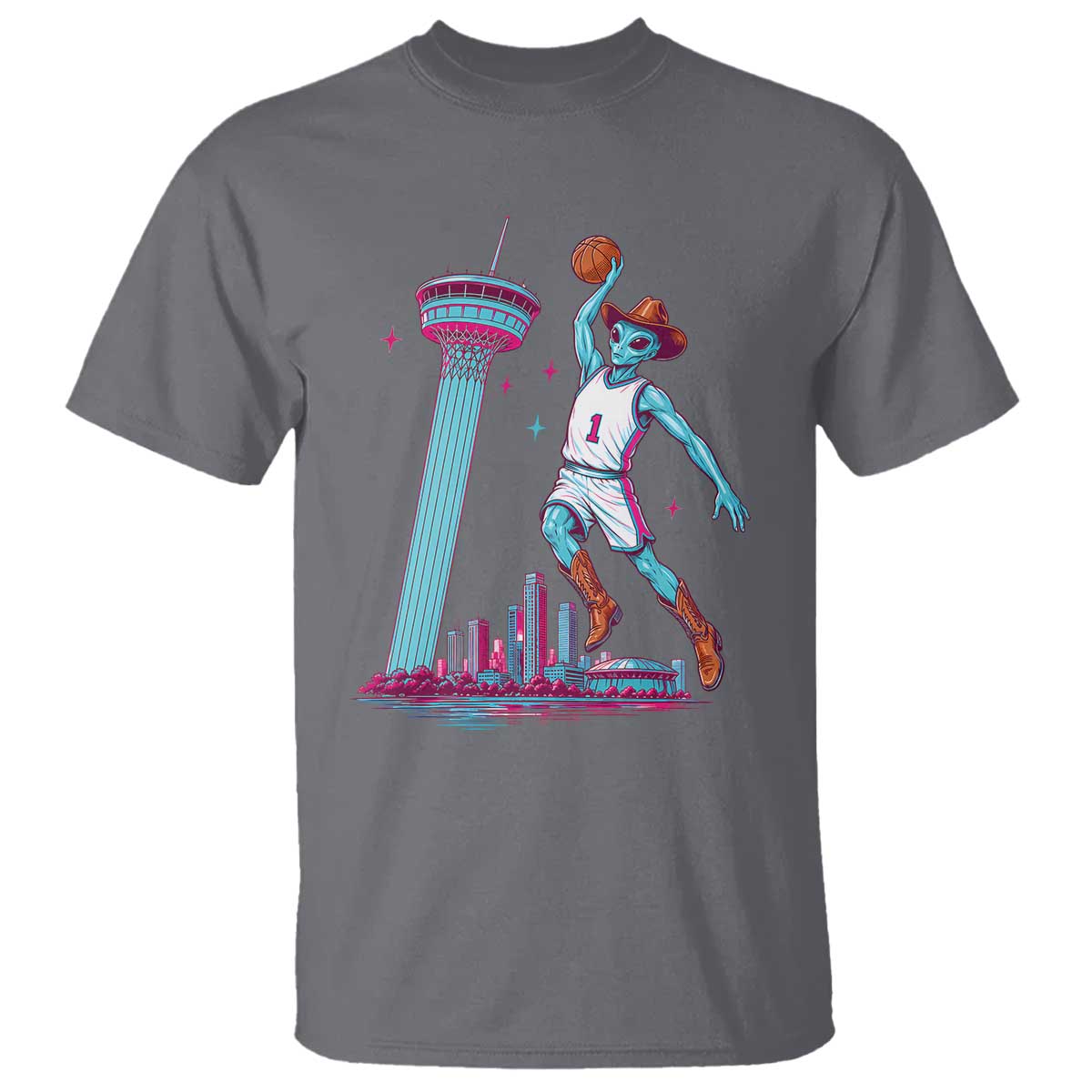 Funny Alien Cowboy Dunking Basketball T Shirt San Antonio Skyline
