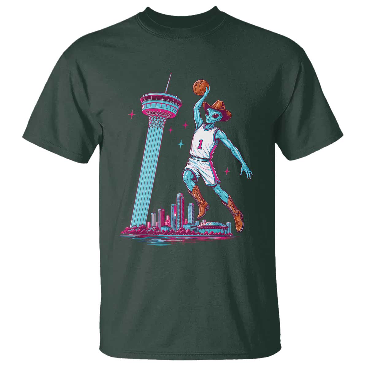 Funny Alien Cowboy Dunking Basketball T Shirt San Antonio Skyline