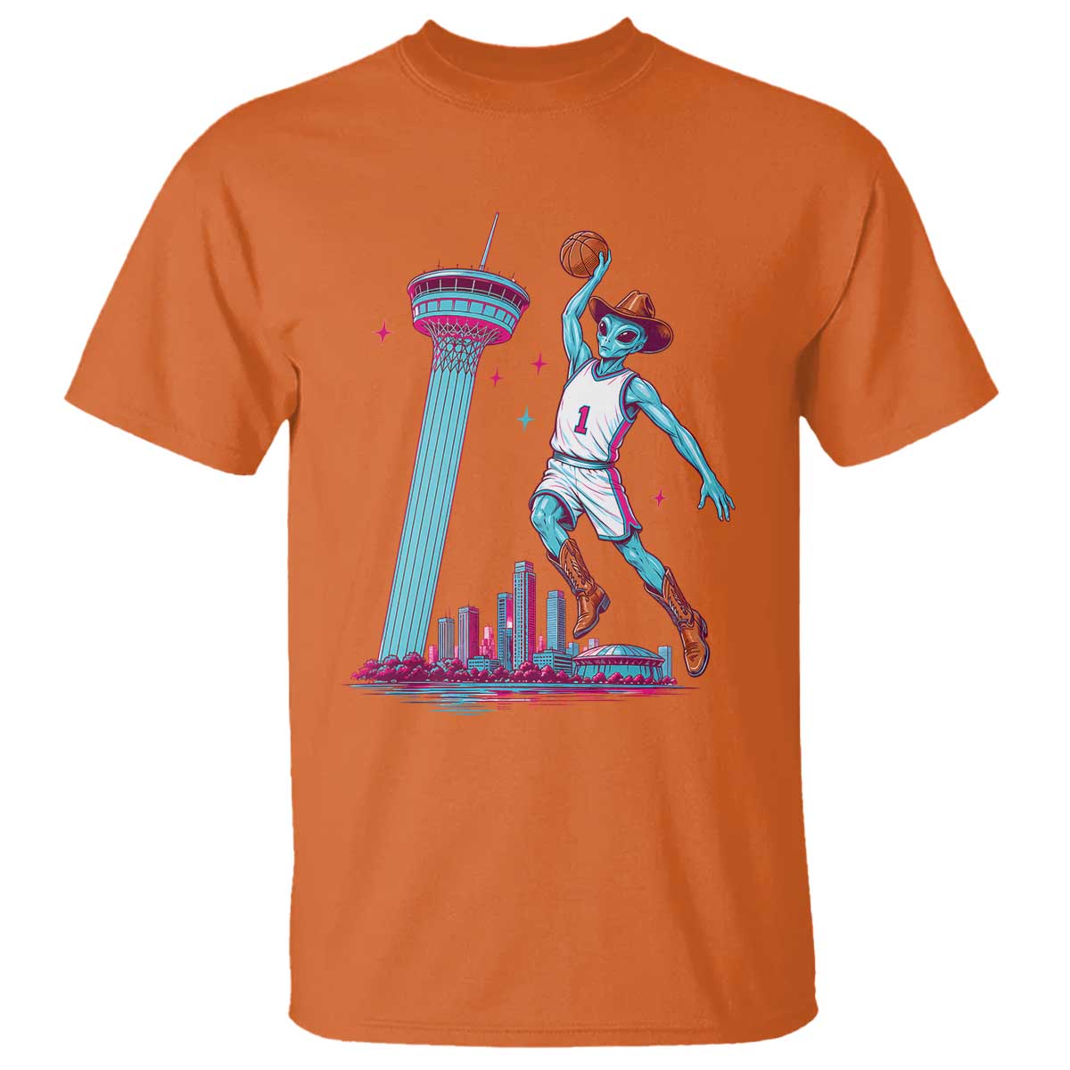 Funny Alien Cowboy Dunking Basketball T Shirt San Antonio Skyline