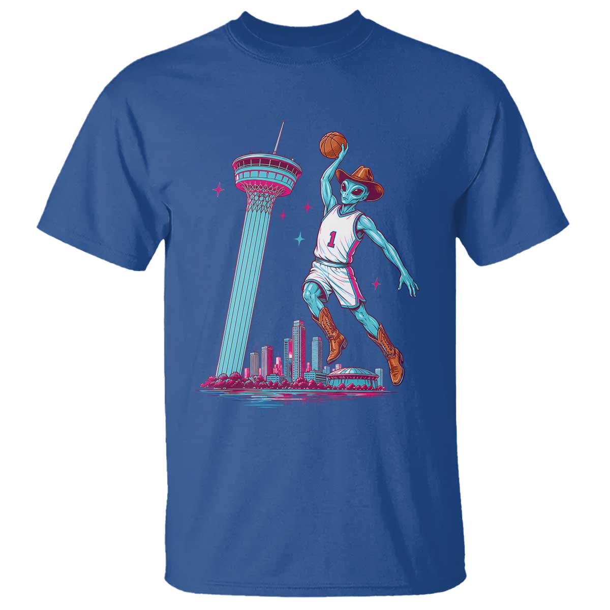 Funny Alien Cowboy Dunking Basketball T Shirt San Antonio Skyline