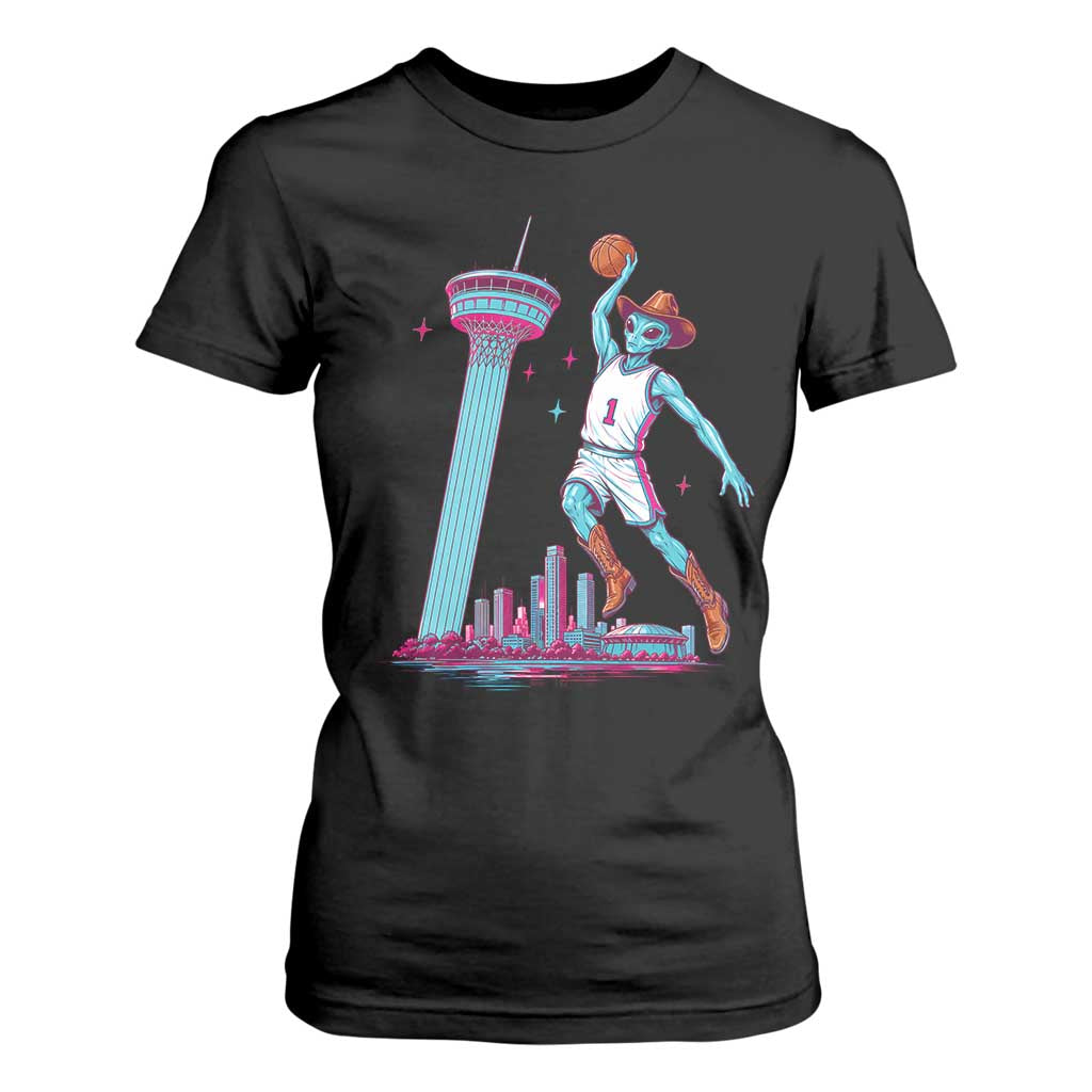 Funny Alien Cowboy Dunking Basketball T Shirt For Women San Antonio Skyline TS12 Black Print Your Wear