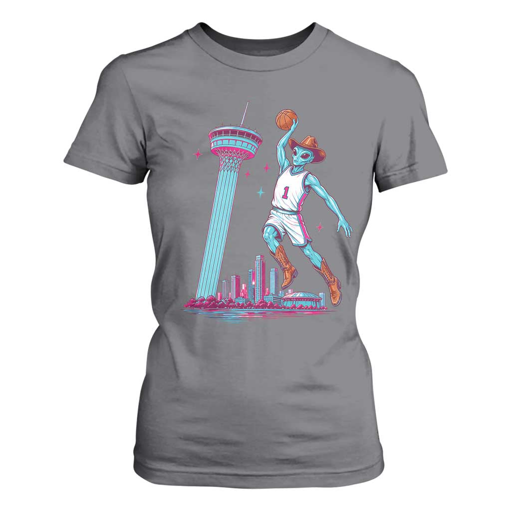 Funny Alien Cowboy Dunking Basketball T Shirt For Women San Antonio Skyline