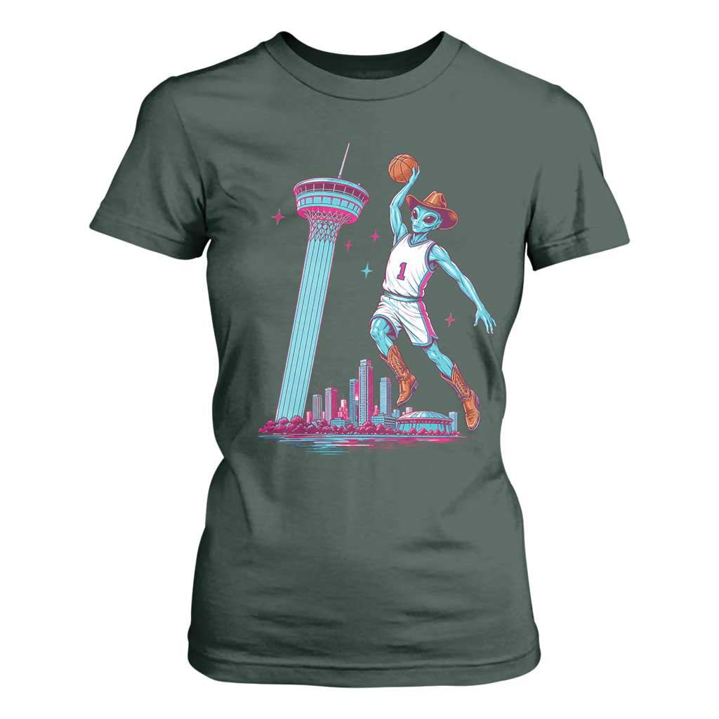 Funny Alien Cowboy Dunking Basketball T Shirt For Women San Antonio Skyline