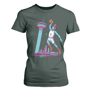 Funny Alien Cowboy Dunking Basketball T Shirt For Women San Antonio Skyline