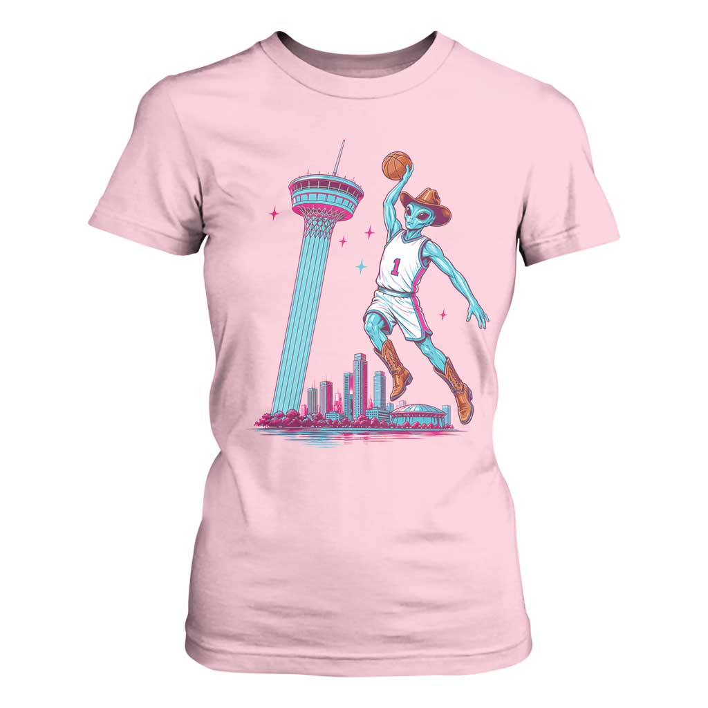 Funny Alien Cowboy Dunking Basketball T Shirt For Women San Antonio Skyline