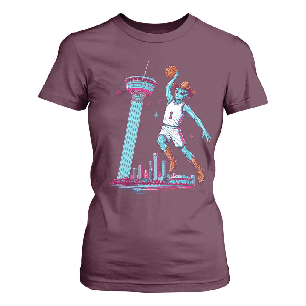 Funny Alien Cowboy Dunking Basketball T Shirt For Women San Antonio Skyline