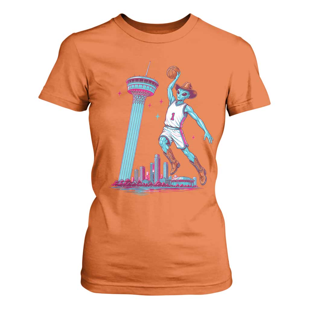 Funny Alien Cowboy Dunking Basketball T Shirt For Women San Antonio Skyline