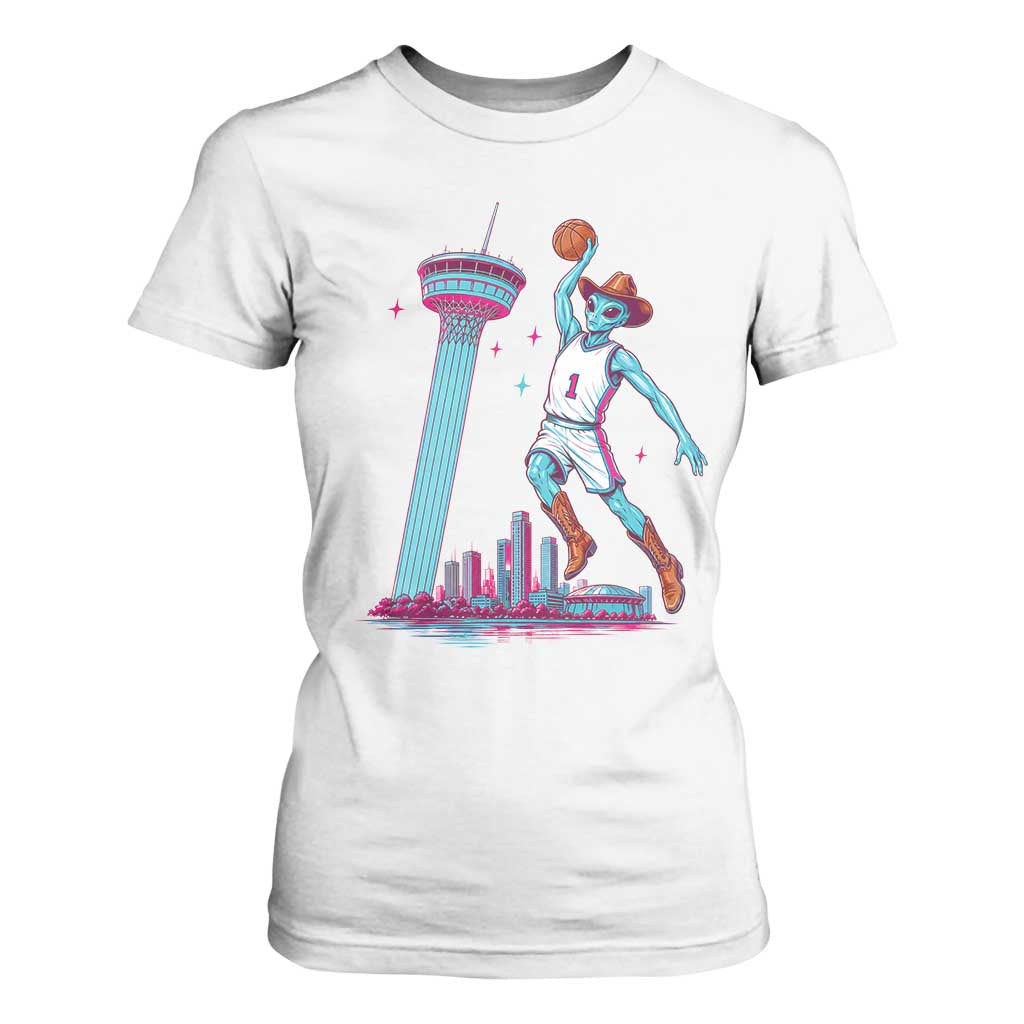 Funny Alien Cowboy Dunking Basketball T Shirt For Women San Antonio Skyline