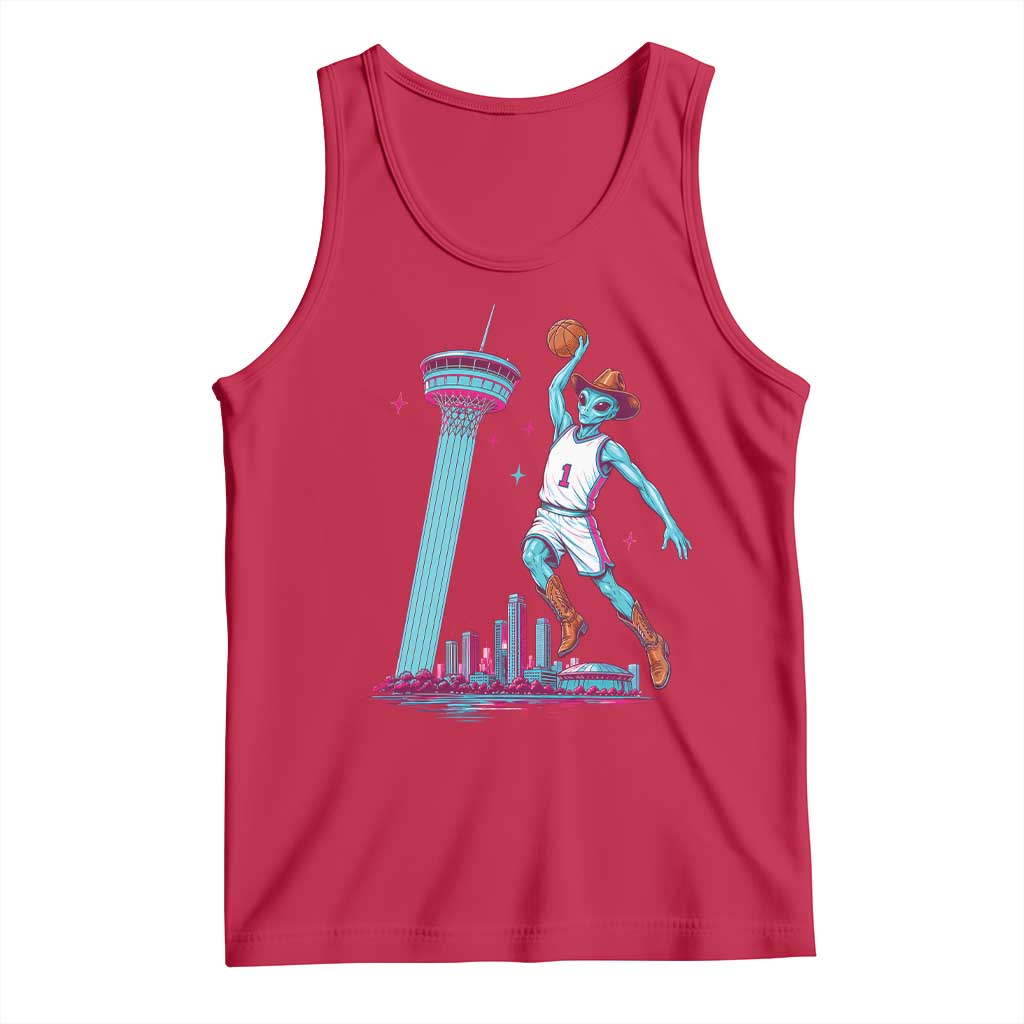 Funny Alien Cowboy Dunking Basketball Tank Top San Antonio Skyline
