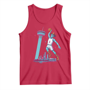 Funny Alien Cowboy Dunking Basketball Tank Top San Antonio Skyline