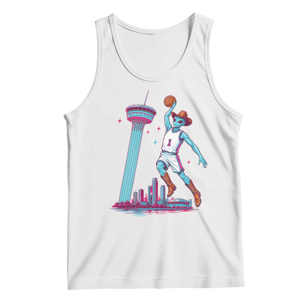 Funny Alien Cowboy Dunking Basketball Tank Top San Antonio Skyline