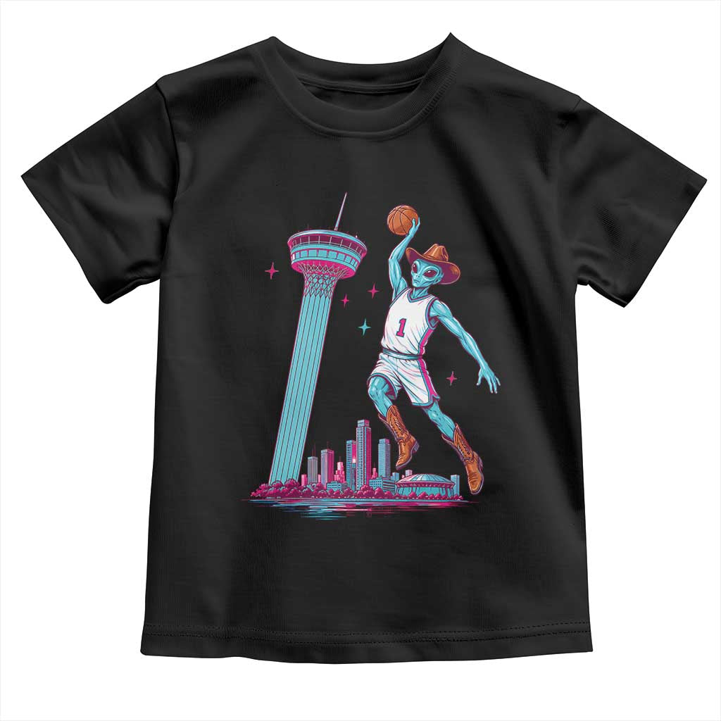 Funny Alien Cowboy Dunking Basketball Toddler T Shirt San Antonio Skyline