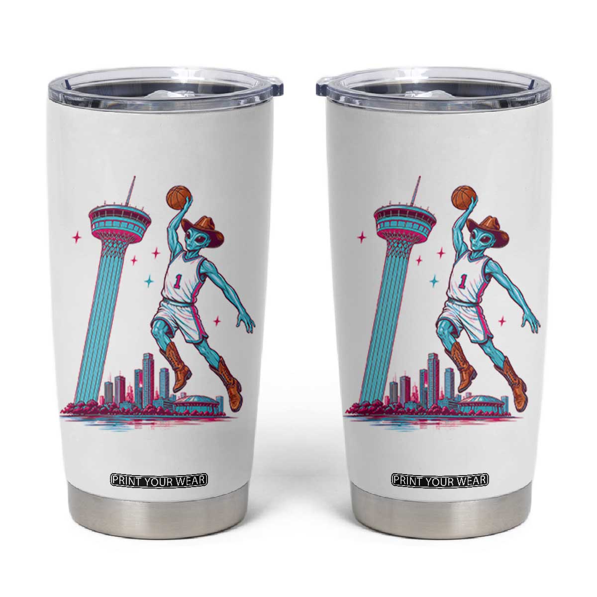 Funny Alien Cowboy Dunking Basketball Tumbler Cup San Antonio Skyline