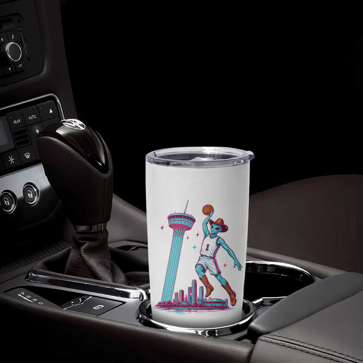 Funny Alien Cowboy Dunking Basketball Tumbler Cup San Antonio Skyline