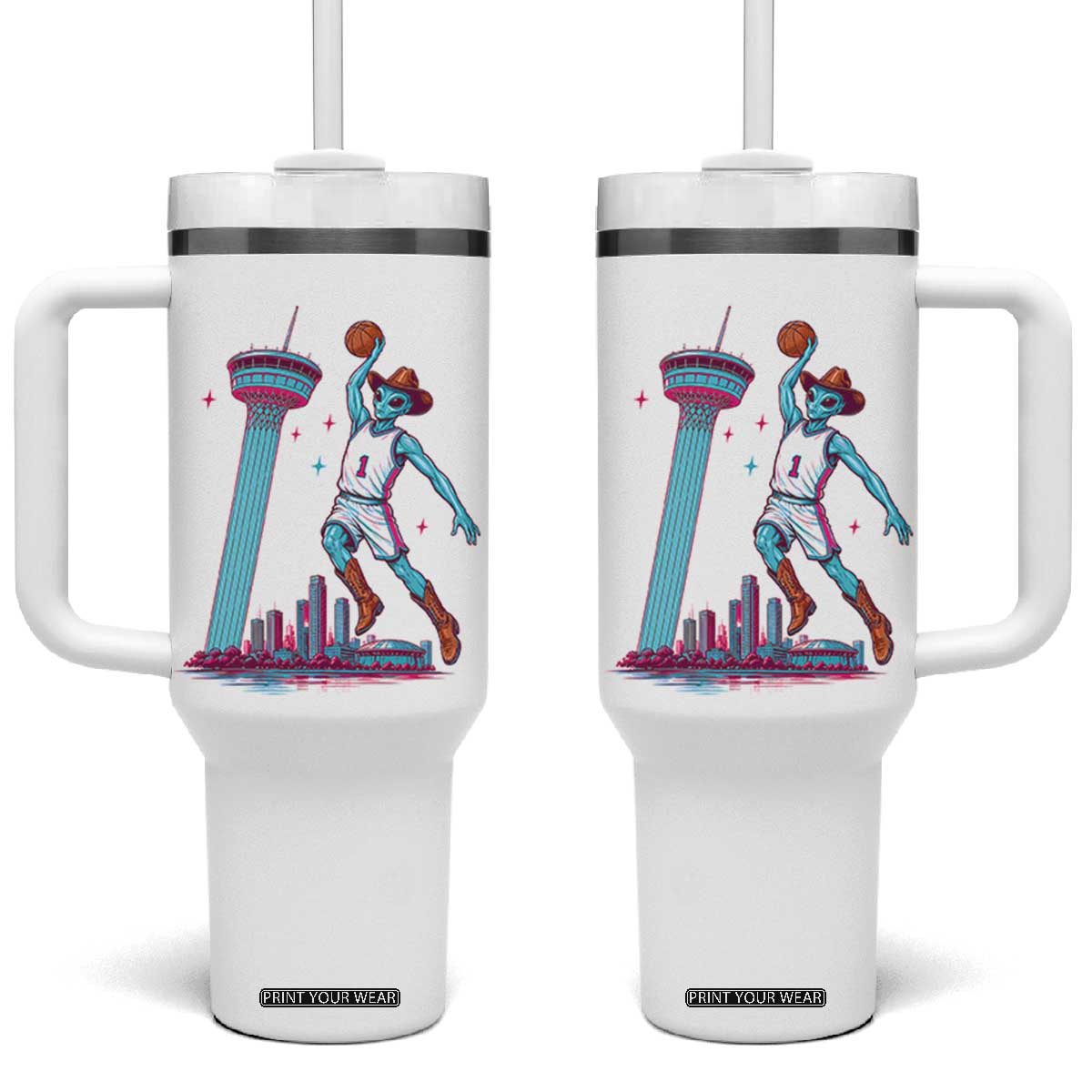Funny Alien Cowboy Dunking Basketball Tumbler With Handle San Antonio Skyline