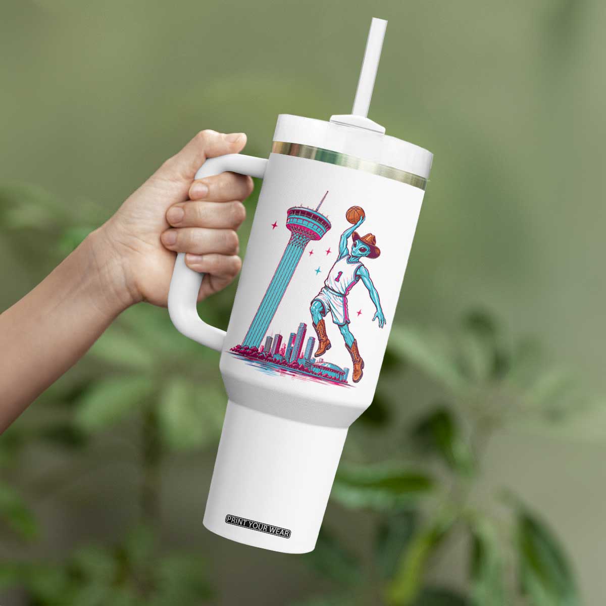 Funny Alien Cowboy Dunking Basketball Tumbler With Handle San Antonio Skyline