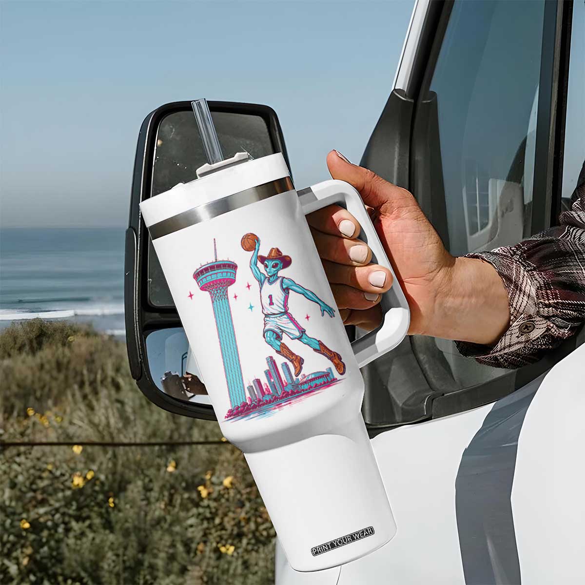 Funny Alien Cowboy Dunking Basketball Tumbler With Handle San Antonio Skyline