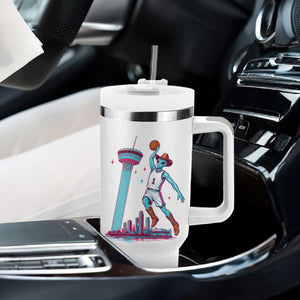Funny Alien Cowboy Dunking Basketball Tumbler With Handle San Antonio Skyline