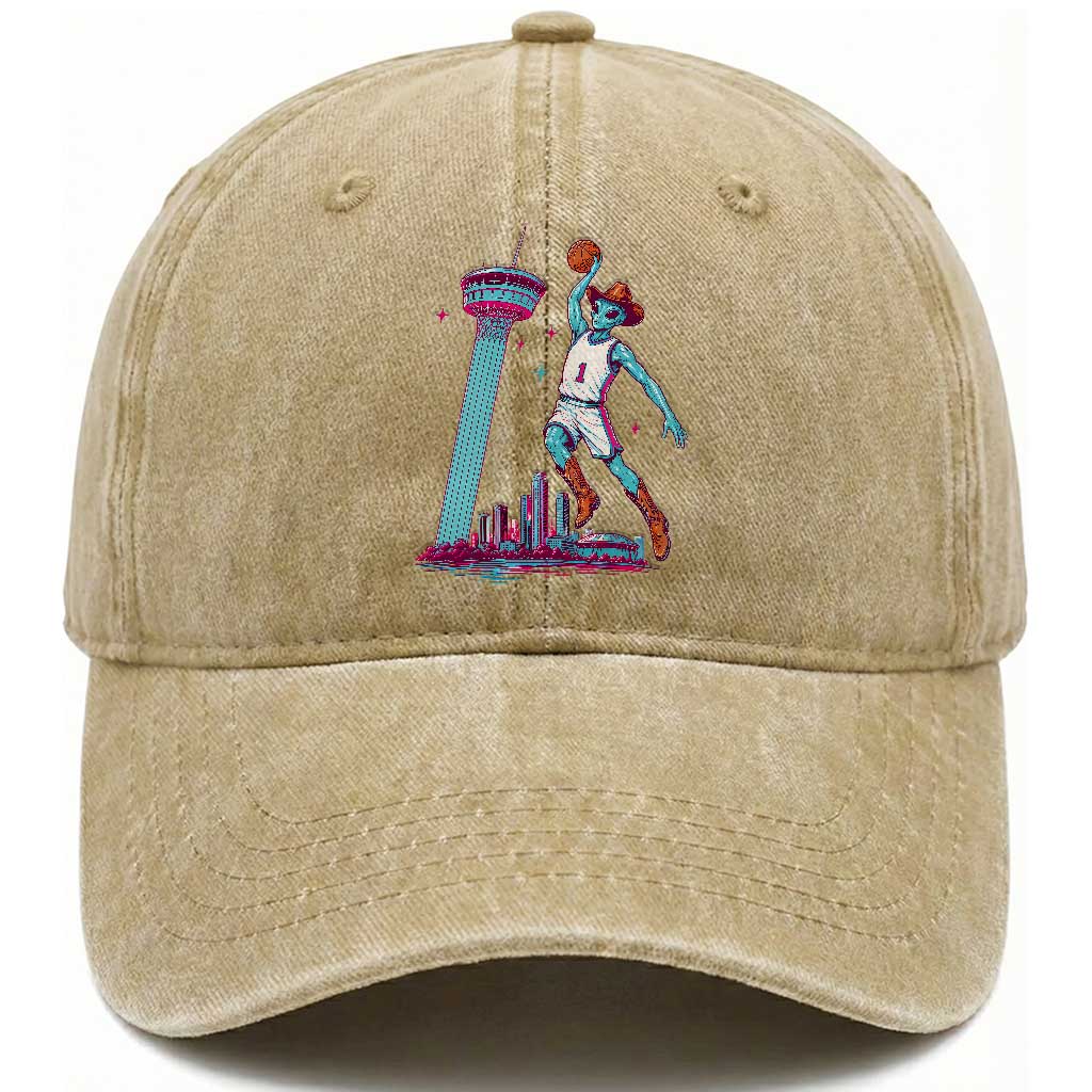 Funny Alien Cowboy Dunking Basketball Washed Cotton Baseball Cap San Antonio Skyline
