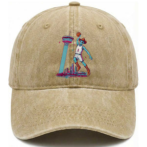 Funny Alien Cowboy Dunking Basketball Washed Cotton Baseball Cap San Antonio Skyline