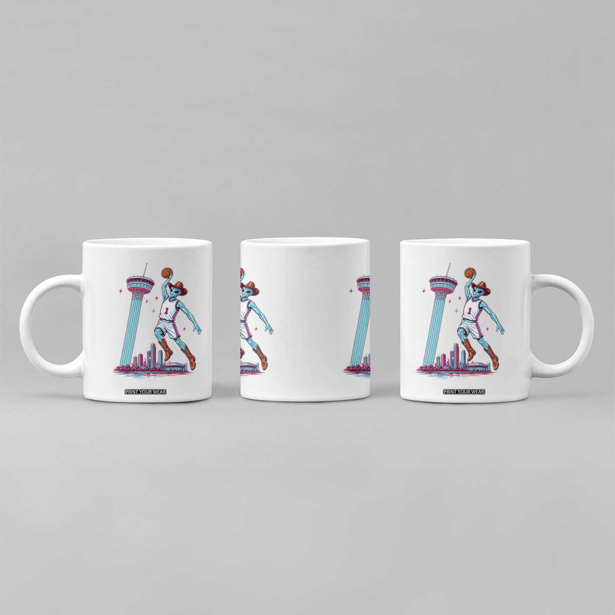Funny Alien Cowboy Dunking Basketball Coffee Mug San Antonio Skyline