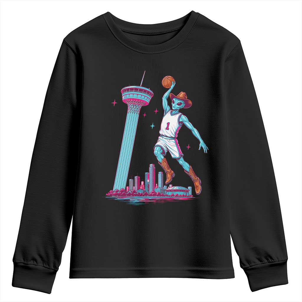 Funny Alien Cowboy Dunking Basketball Youth Sweatshirt San Antonio Skyline
