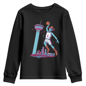Funny Alien Cowboy Dunking Basketball Youth Sweatshirt San Antonio Skyline