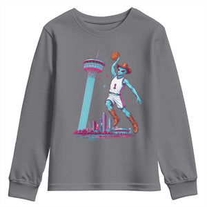 Funny Alien Cowboy Dunking Basketball Youth Sweatshirt San Antonio Skyline