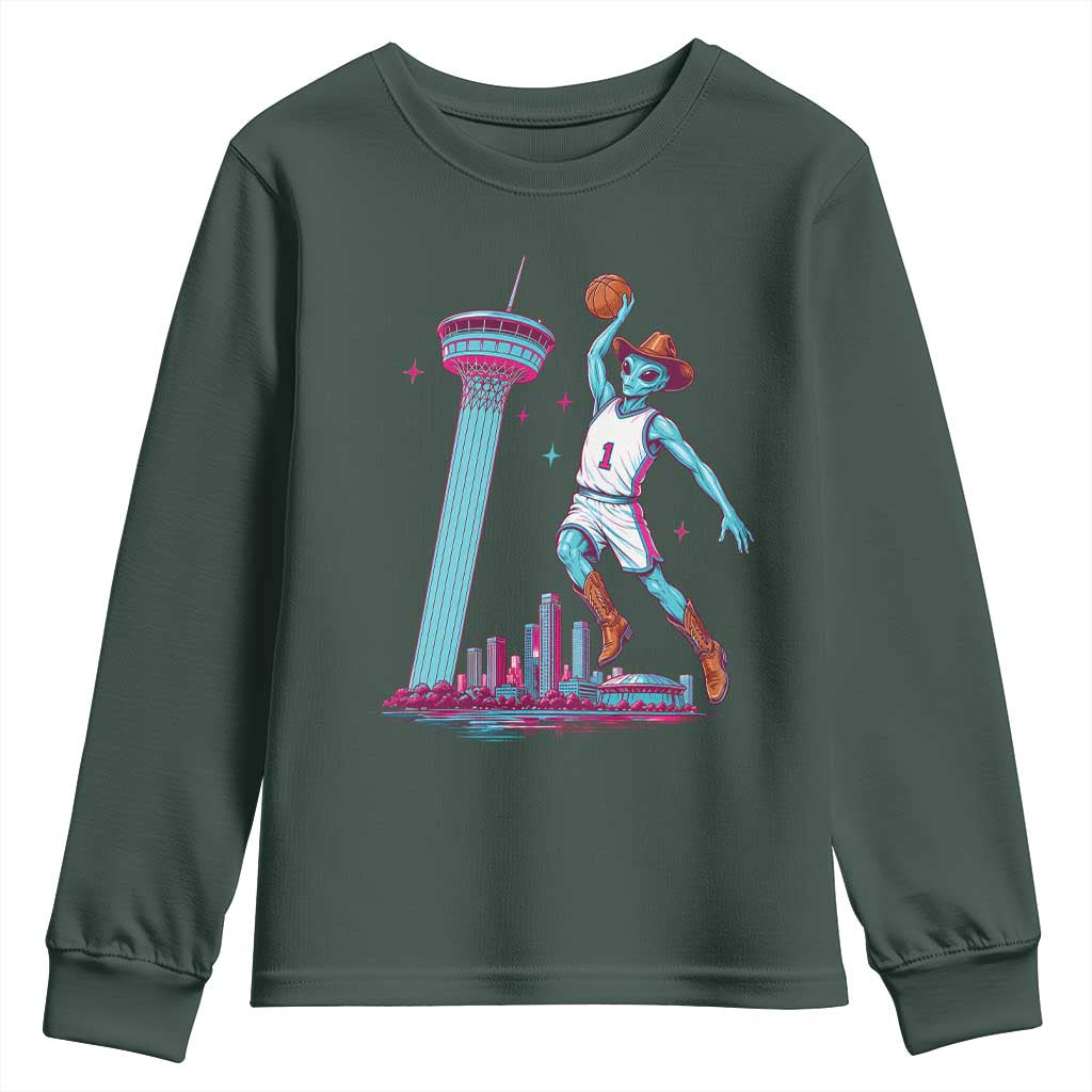 Funny Alien Cowboy Dunking Basketball Youth Sweatshirt San Antonio Skyline