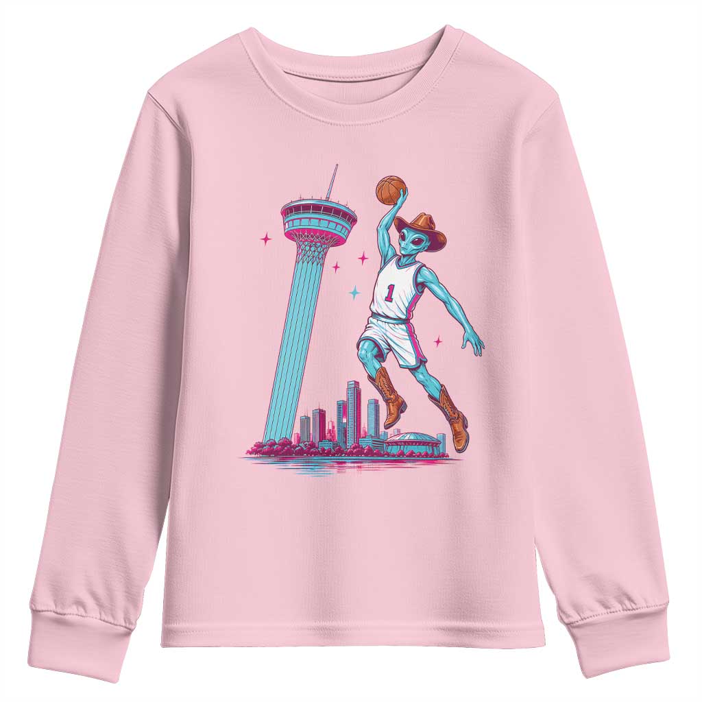 Funny Alien Cowboy Dunking Basketball Youth Sweatshirt San Antonio Skyline