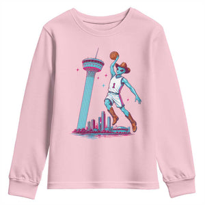 Funny Alien Cowboy Dunking Basketball Youth Sweatshirt San Antonio Skyline