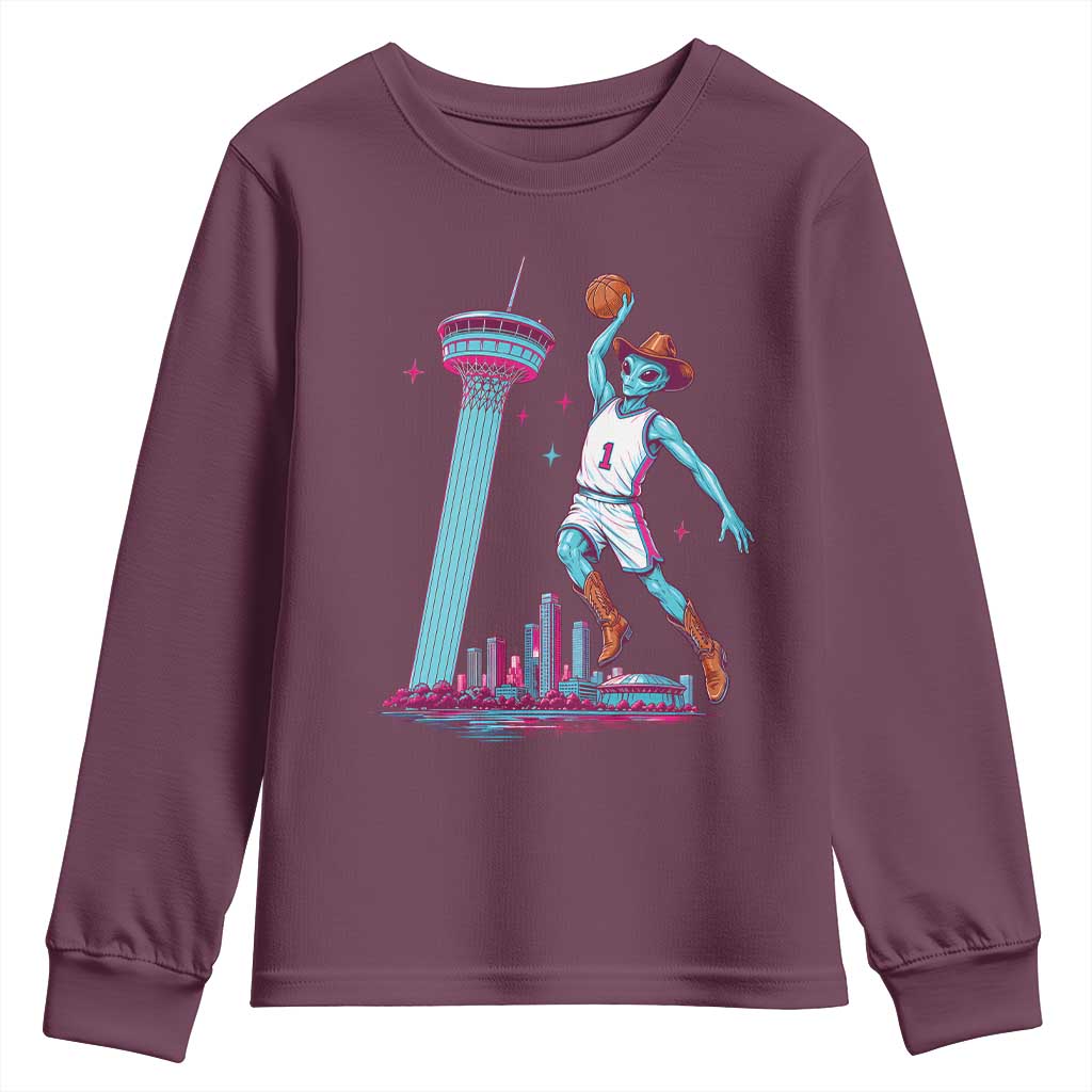 Funny Alien Cowboy Dunking Basketball Youth Sweatshirt San Antonio Skyline