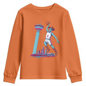 Funny Alien Cowboy Dunking Basketball Youth Sweatshirt San Antonio Skyline