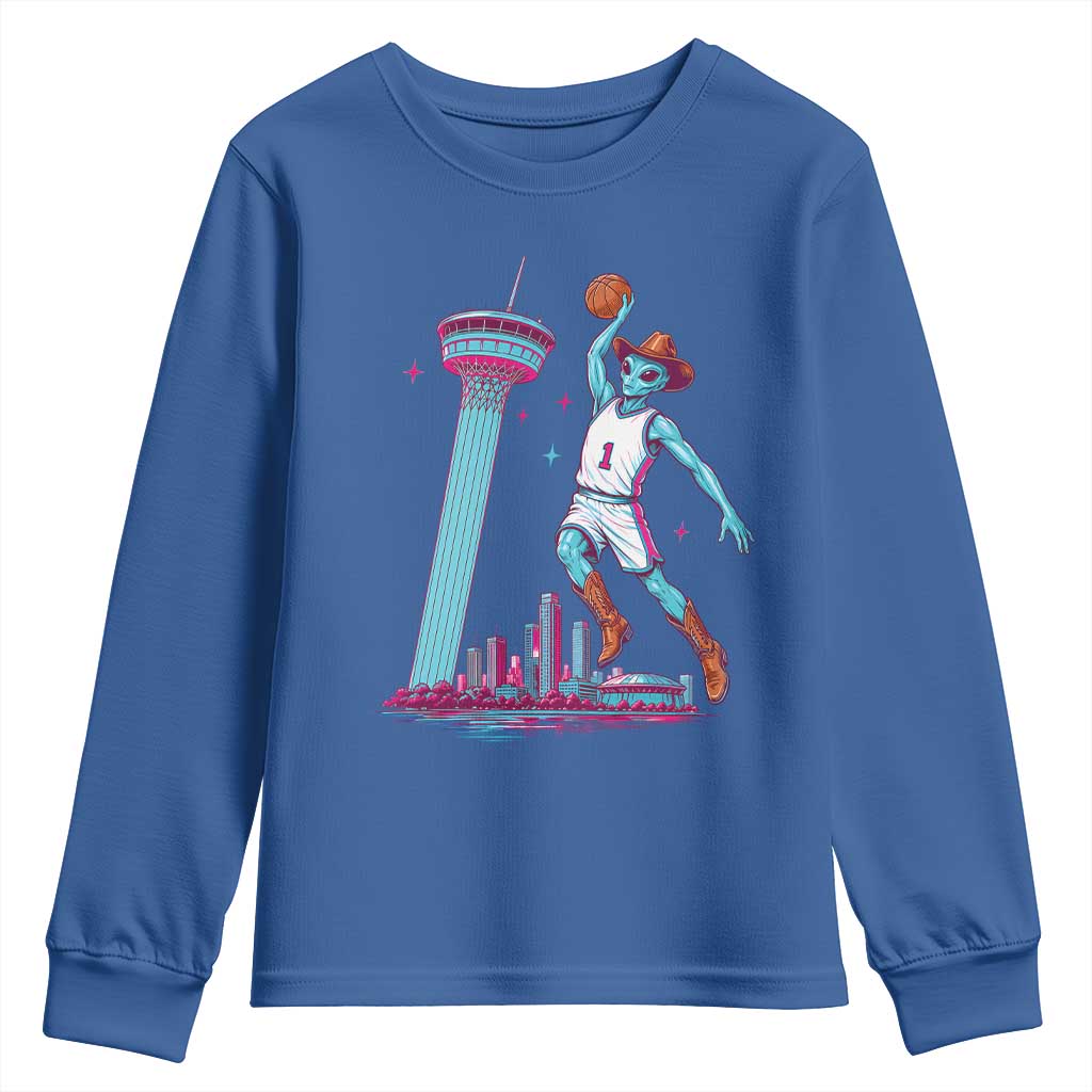 Funny Alien Cowboy Dunking Basketball Youth Sweatshirt San Antonio Skyline