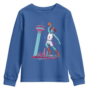 Funny Alien Cowboy Dunking Basketball Youth Sweatshirt San Antonio Skyline