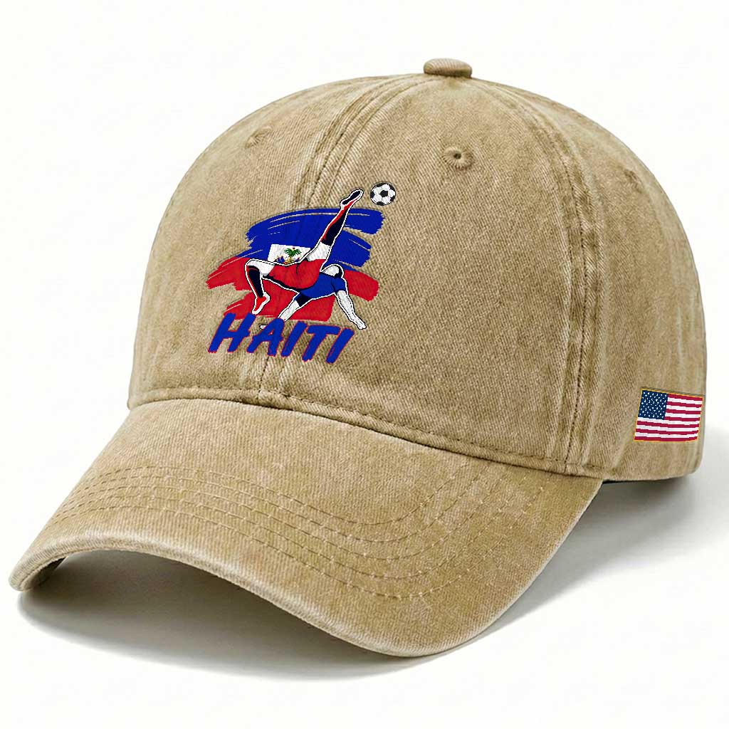 Caribbean Soccer Lover Gift Washed Cotton Baseball Cap Haitian Heritage Pride