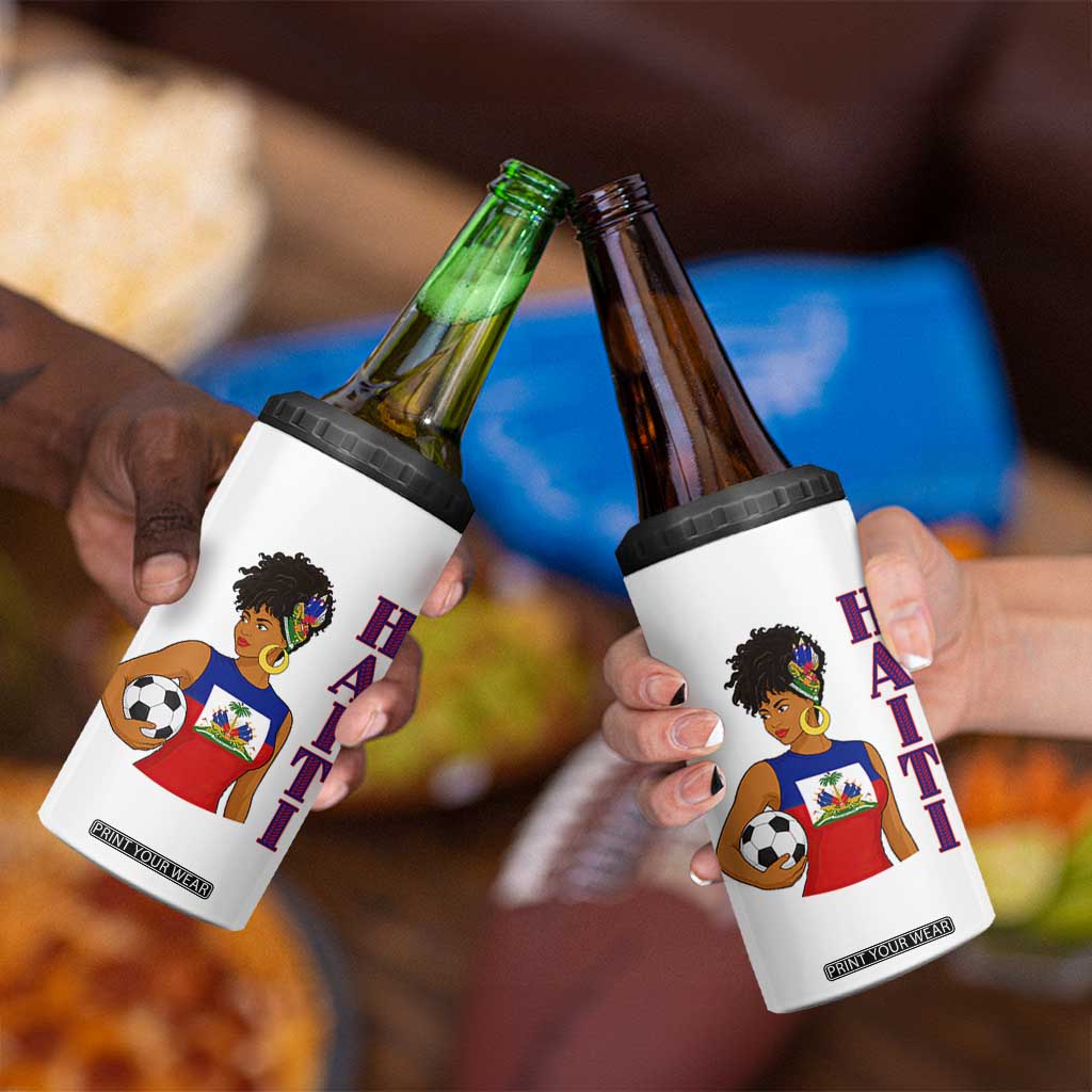 Haitian Soccer Fan Girl 4 in 1 Can Cooler Tumbler Ayiti Heritage Pride Football Lover