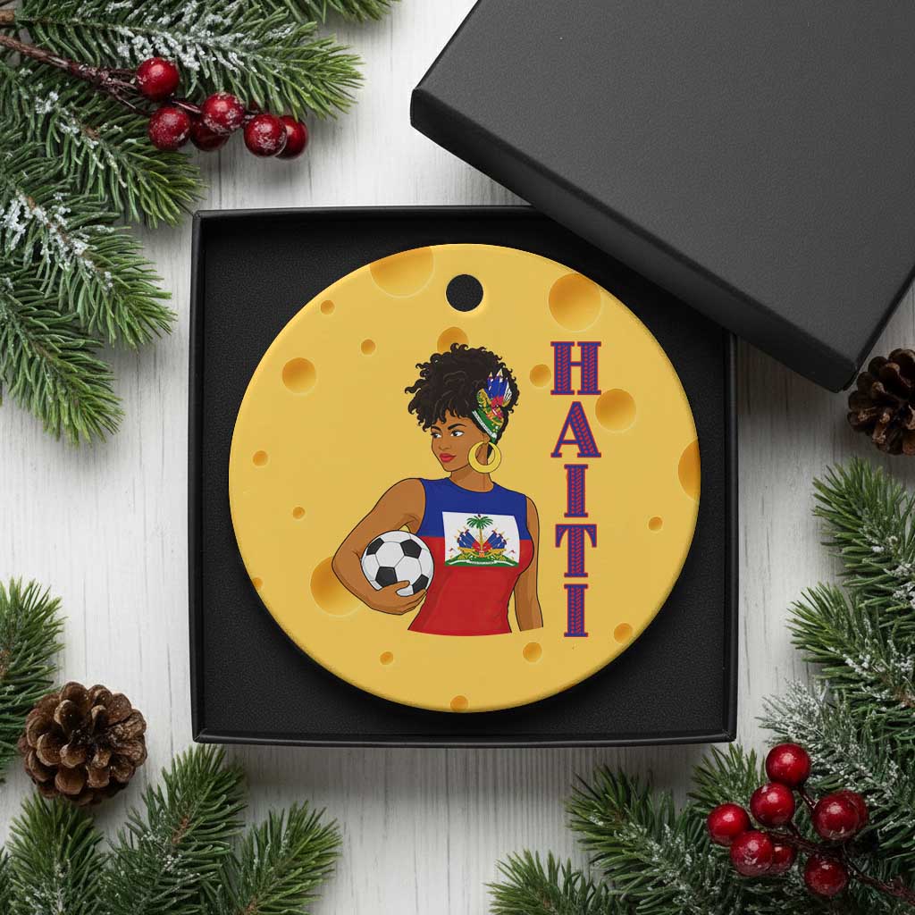 Haitian Soccer Fan Girl Ceramic Ornament Ayiti Heritage Pride Football Lover