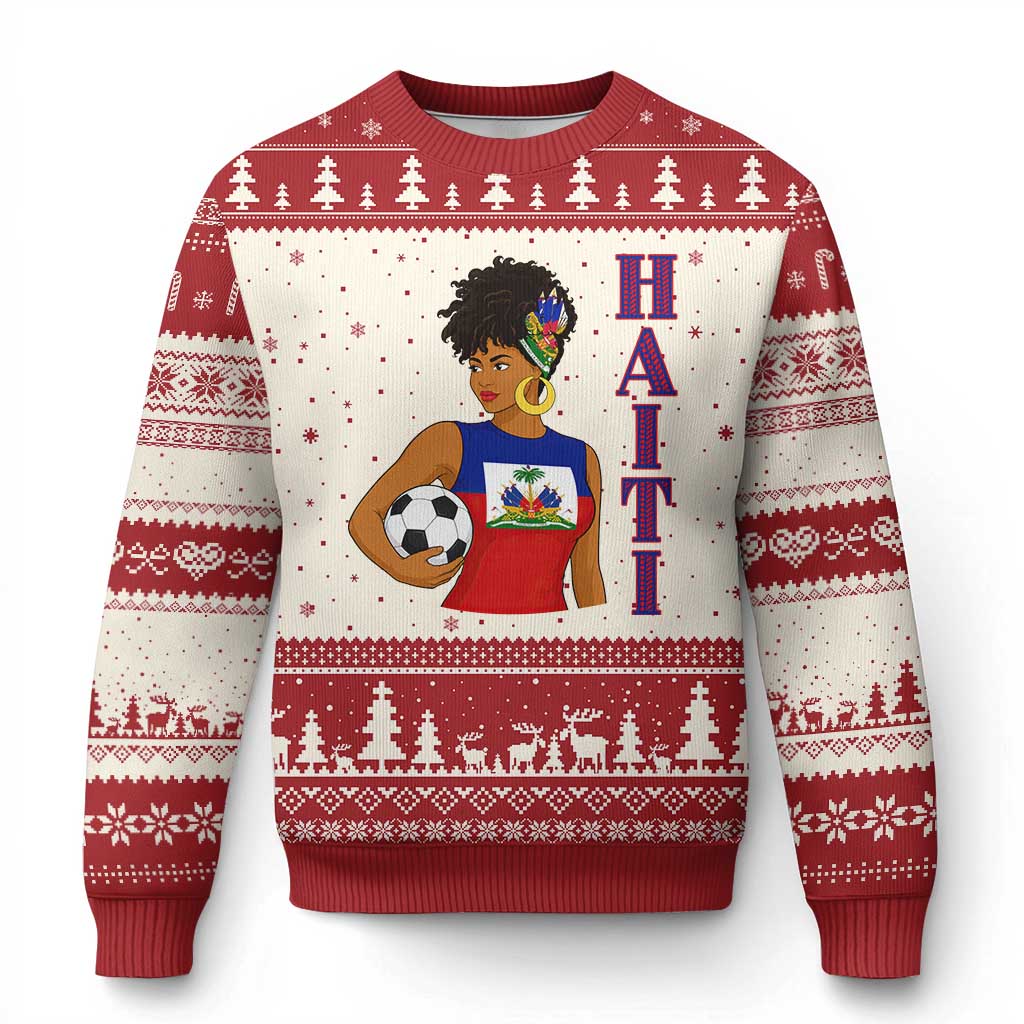 Haitian Soccer Fan Girl Ugly Christmas Sweater Ayiti Heritage Pride Football Lover TS12 Beige Red Print Your Wear