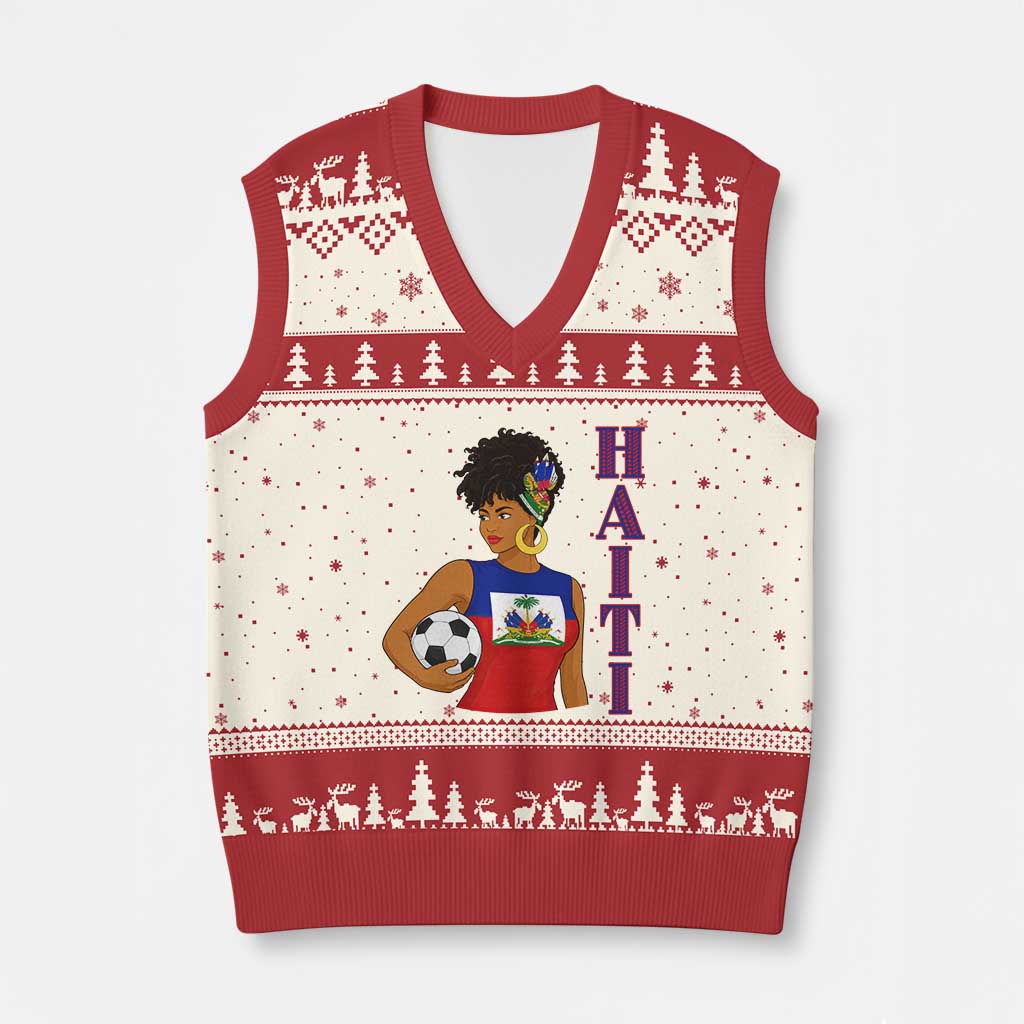 Haitian Soccer Fan Girl V-Neck Knit Sweater Vest Ayiti Heritage Pride Football Lover TS12 Beige Red Print Your Wear