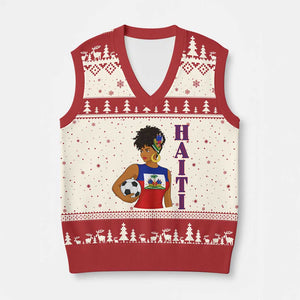 Haitian Soccer Fan Girl V-Neck Knit Sweater Vest Ayiti Heritage Pride Football Lover TS12 Beige Red Print Your Wear