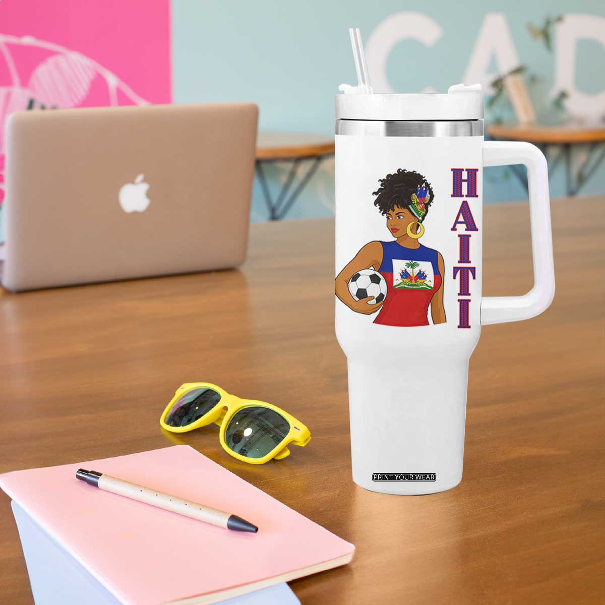 Haitian Soccer Fan Girl Tumbler With Handle Ayiti Heritage Pride Football Lover