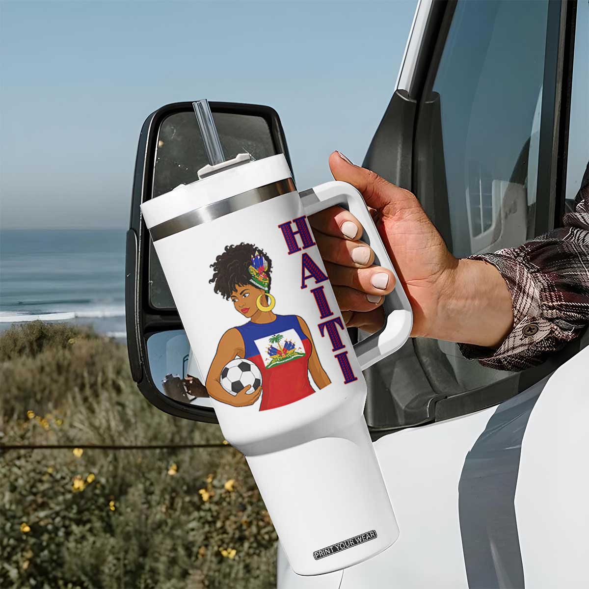 Haitian Soccer Fan Girl Tumbler With Handle Ayiti Heritage Pride Football Lover