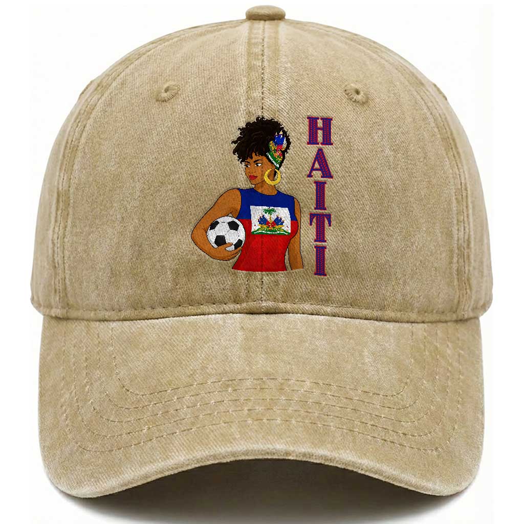 Haitian Soccer Fan Girl Washed Cotton Baseball Cap Ayiti Heritage Pride Football Lover TS12 Print Your Wear