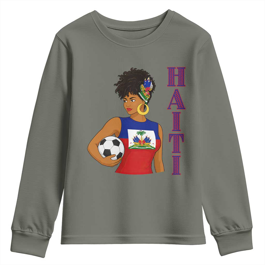 Haitian Soccer Fan Girl Youth Sweatshirt Ayiti Heritage Pride Football Lover TS12 Military Green Print Your Wear